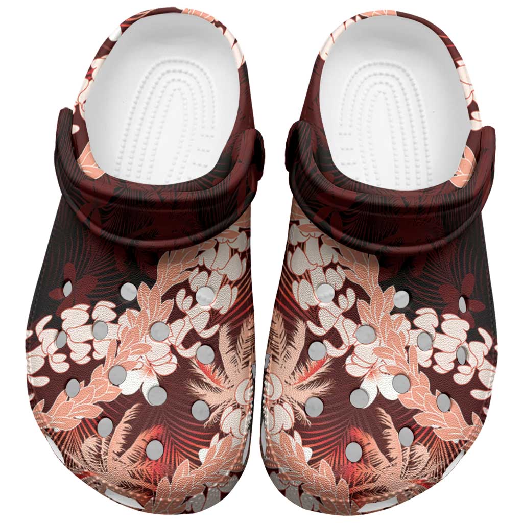 Puakenikeni Maile Lei Clogs Shoes Frangipani Red Tropical Leaves
