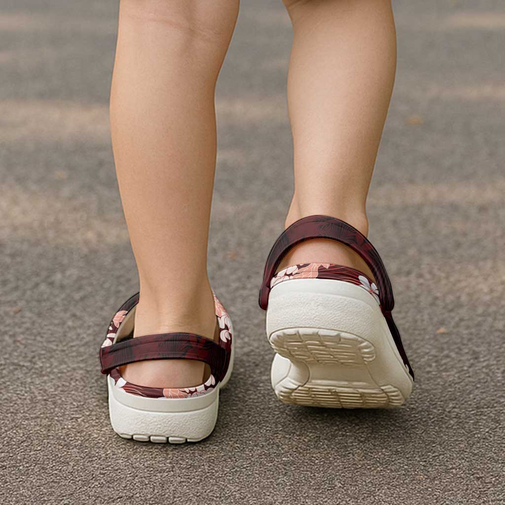 Puakenikeni Maile Lei Clogs Shoes Frangipani Red Tropical Leaves LT01 - Polynesian Pride