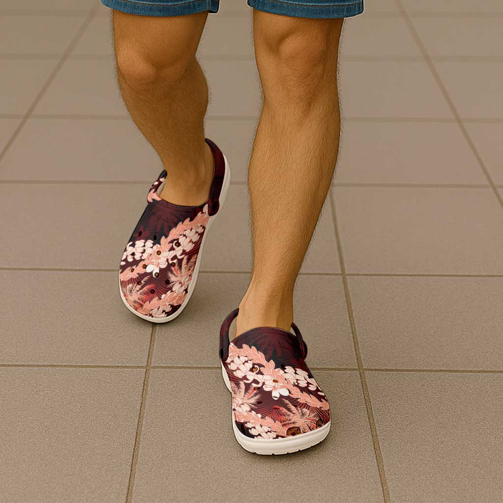 Puakenikeni Maile Lei Clogs Shoes Frangipani Red Tropical Leaves LT01 - Polynesian Pride