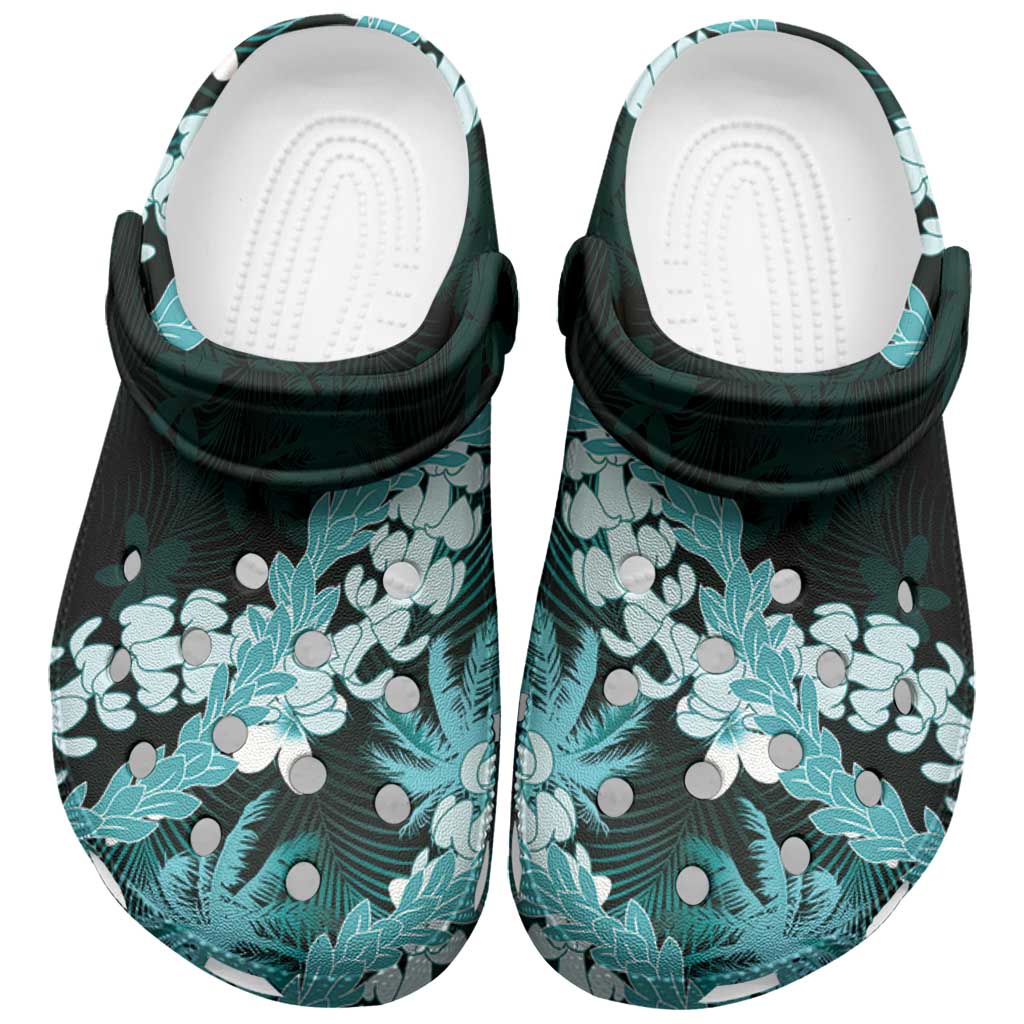 Puakenikeni Maile Lei Clogs Shoes Frangipani Turquoise Tropical Leaves