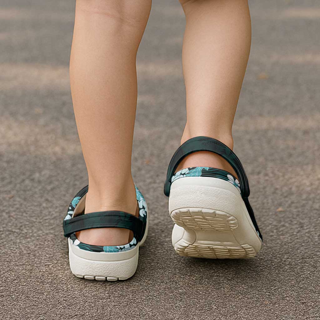 Puakenikeni Maile Lei Clogs Shoes Frangipani Turquoise Tropical Leaves LT01 - Polynesian Pride