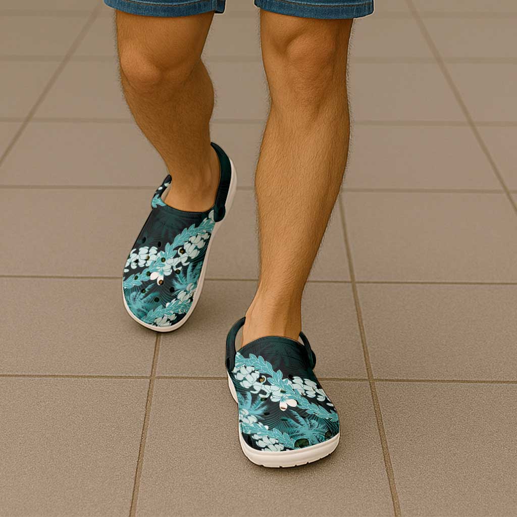 Puakenikeni Maile Lei Clogs Shoes Frangipani Turquoise Tropical Leaves LT01 - Polynesian Pride