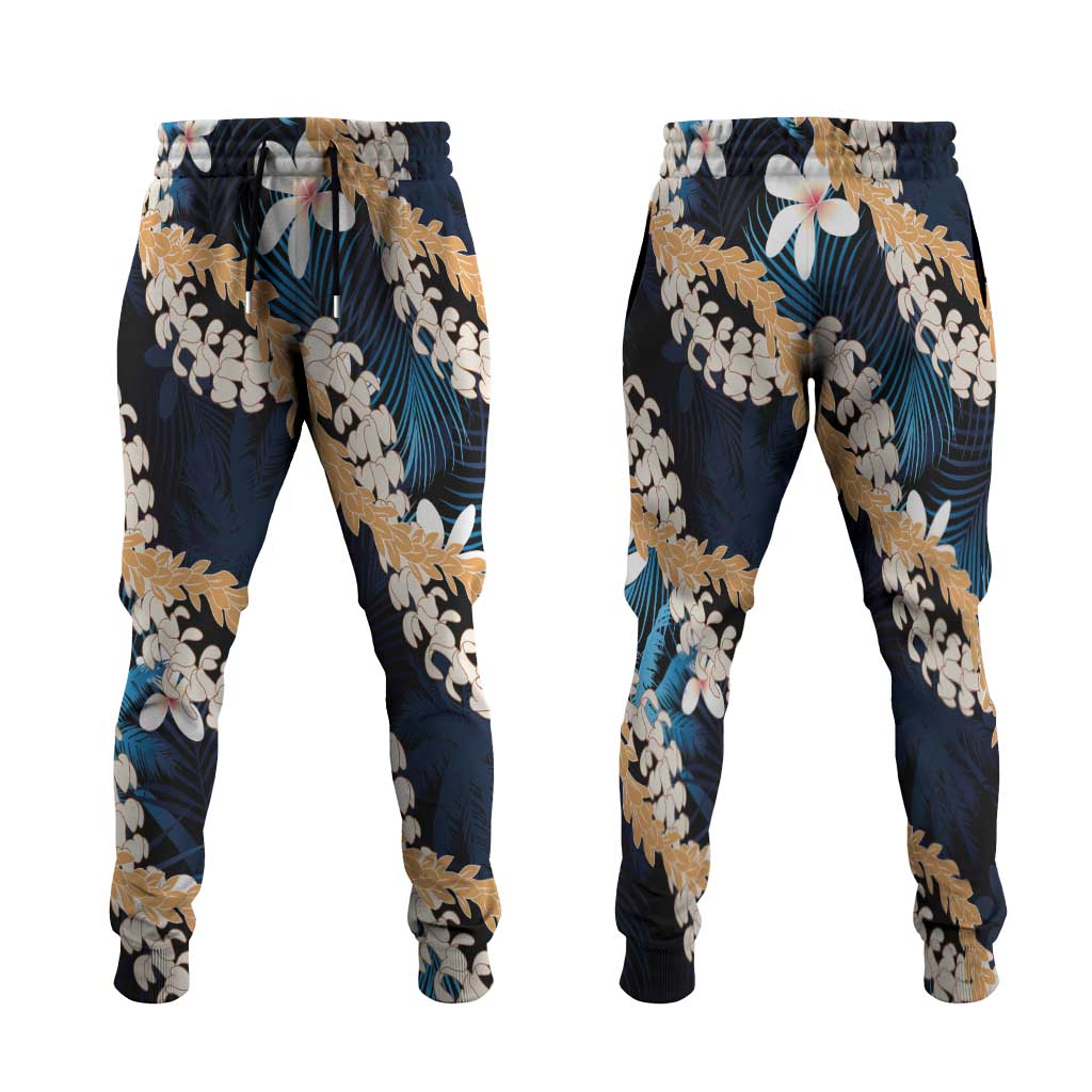 Puakenikeni Maile Lei Jogger Pants Frangipani Blue Tropical Leaves LT01 Blue - Polynesian Pride