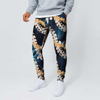 Puakenikeni Maile Lei Jogger Pants Frangipani Blue Tropical Leaves LT01 - Polynesian Pride