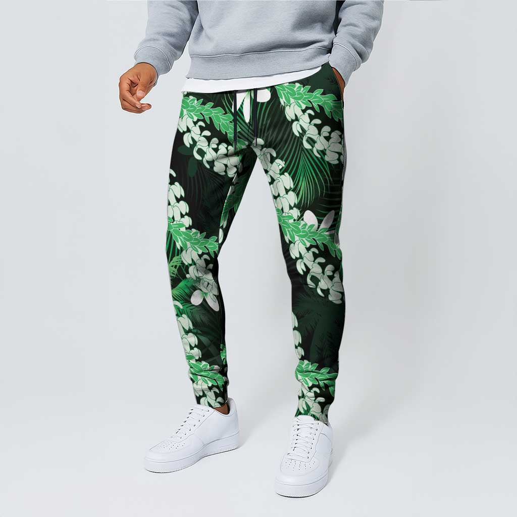 Puakenikeni Maile Lei Jogger Pants Frangipani Green Tropical Leaves LT01 - Polynesian Pride