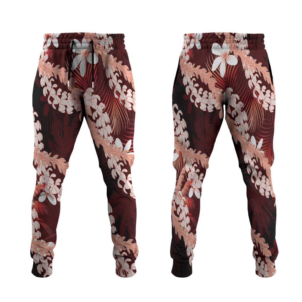 Puakenikeni Maile Lei Jogger Pants Frangipani Red Tropical Leaves LT01 Red - Polynesian Pride
