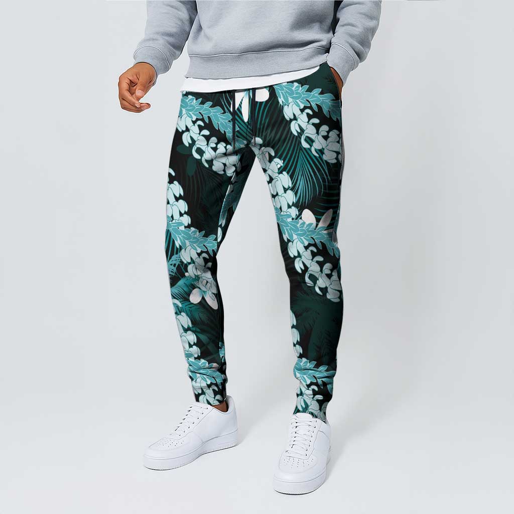 Puakenikeni Maile Lei Jogger Pants Frangipani Turquoise Tropical Leaves LT01 - Polynesian Pride