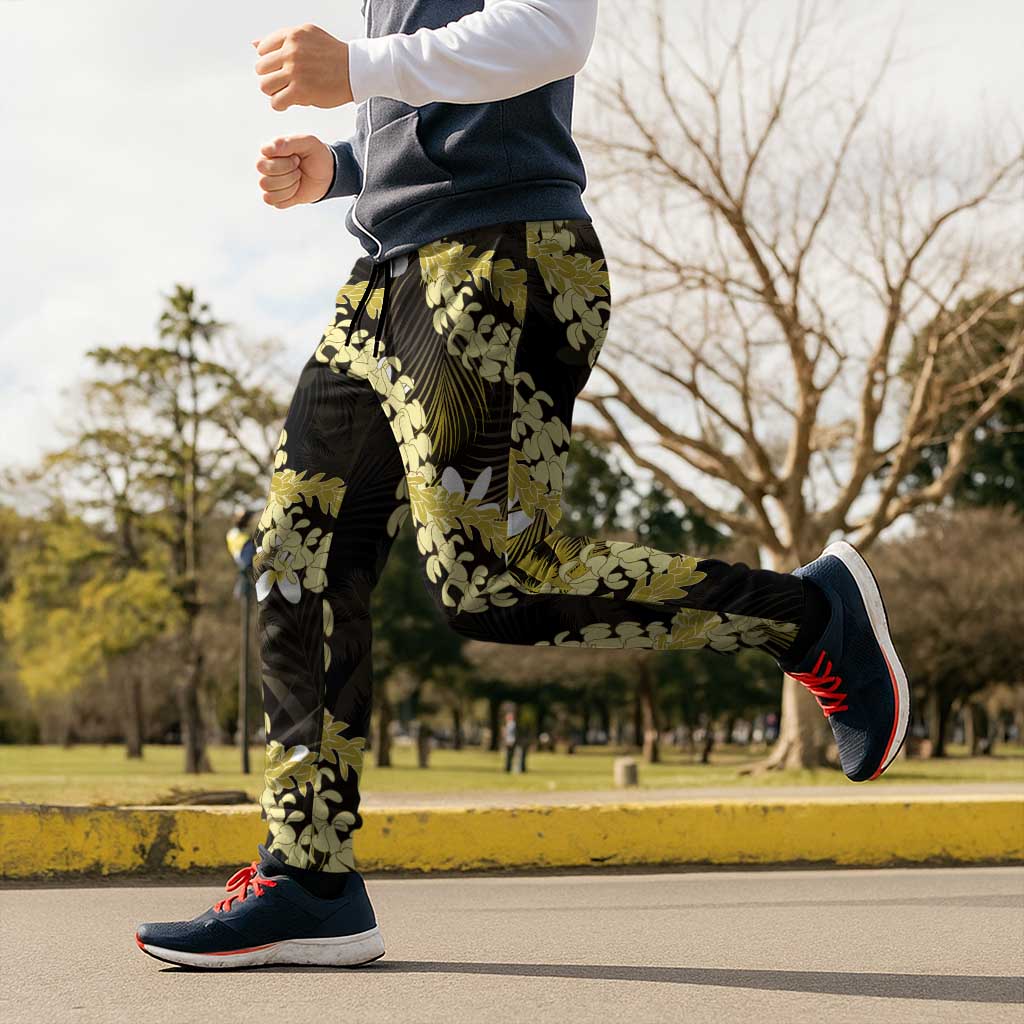 Puakenikeni Maile Lei Jogger Pants Frangipani Yellow Tropical Leaves LT01 - Polynesian Pride