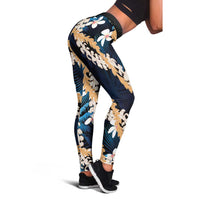 Puakenikeni Maile Lei Leggings Frangipani Blue Tropical Leaves LT01 - Polynesian Pride