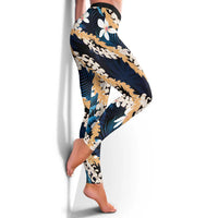 Puakenikeni Maile Lei Leggings Frangipani Blue Tropical Leaves LT01 - Polynesian Pride