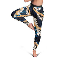 Puakenikeni Maile Lei Leggings Frangipani Blue Tropical Leaves LT01 - Polynesian Pride