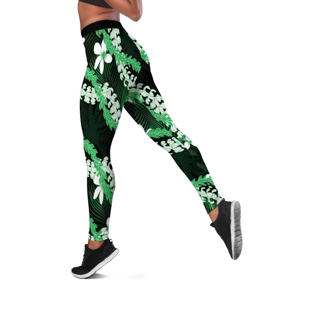 Puakenikeni Maile Lei Leggings Frangipani Green Tropical Leaves LT01 Green - Polynesian Pride