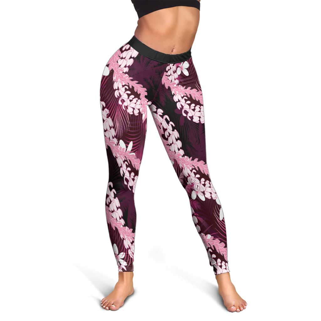 Puakenikeni Maile Lei Leggings Frangipani Pink Tropical Leaves LT01 - Polynesian Pride