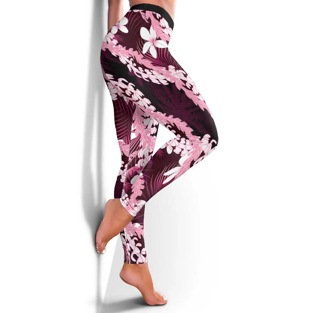 Puakenikeni Maile Lei Leggings Frangipani Pink Tropical Leaves LT01 - Polynesian Pride