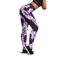 Puakenikeni Maile Lei Leggings Frangipani Purple Tropical Leaves