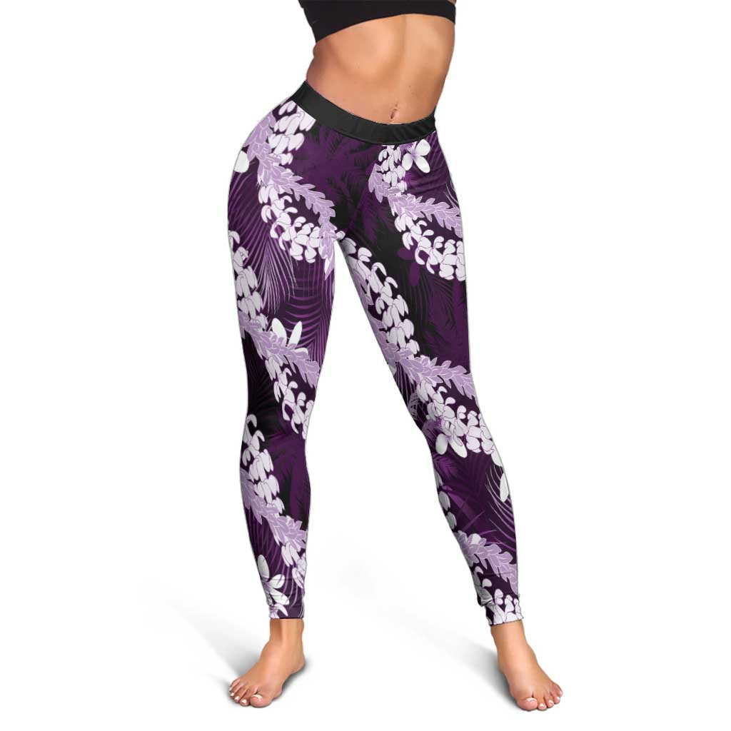 Puakenikeni Maile Lei Leggings Frangipani Purple Tropical Leaves