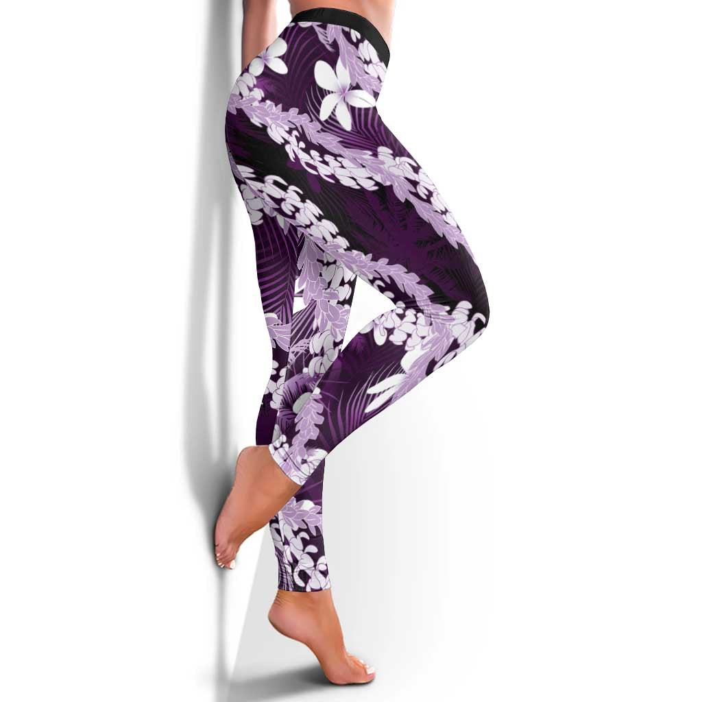 Puakenikeni Maile Lei Leggings Frangipani Purple Tropical Leaves
