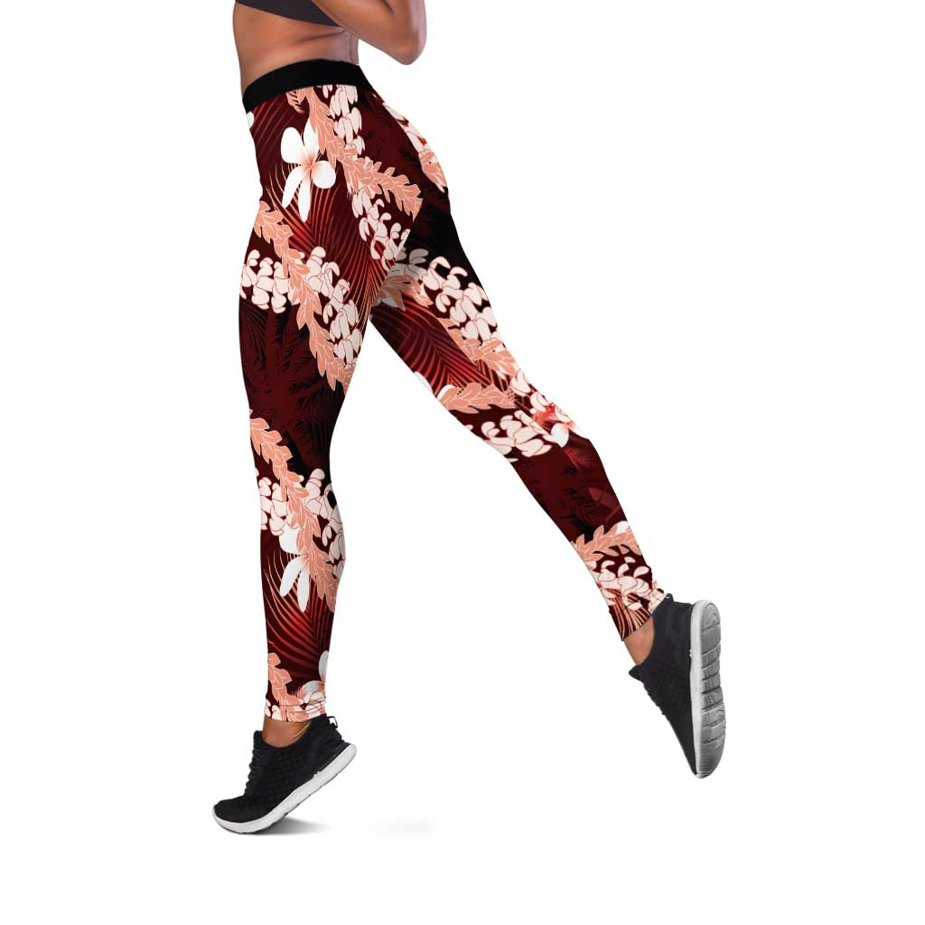 Puakenikeni Maile Lei Leggings Frangipani Red Tropical Leaves