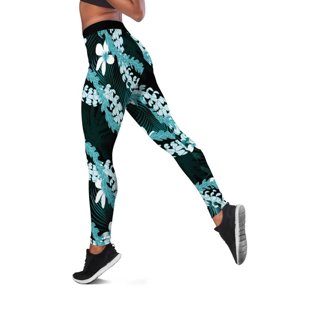 Puakenikeni Maile Lei Leggings Frangipani Turquoise Tropical Leaves
