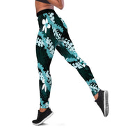 Puakenikeni Maile Lei Leggings Frangipani Turquoise Tropical Leaves LT01 Turquoise - Polynesian Pride