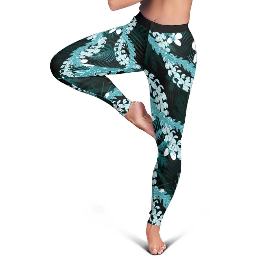 Puakenikeni Maile Lei Leggings Frangipani Turquoise Tropical Leaves LT01 - Polynesian Pride