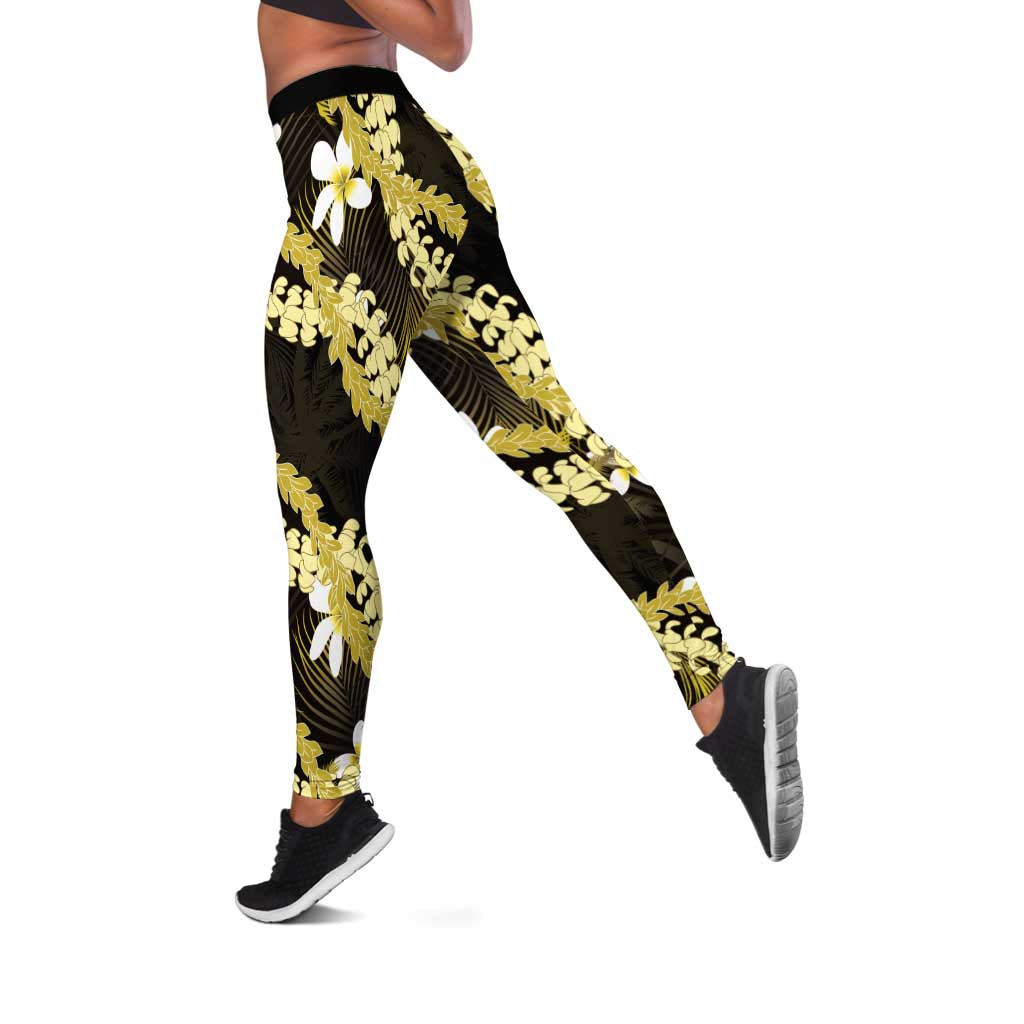 Puakenikeni Maile Lei Leggings Frangipani Yellow Tropical Leaves LT01 Yellow - Polynesian Pride