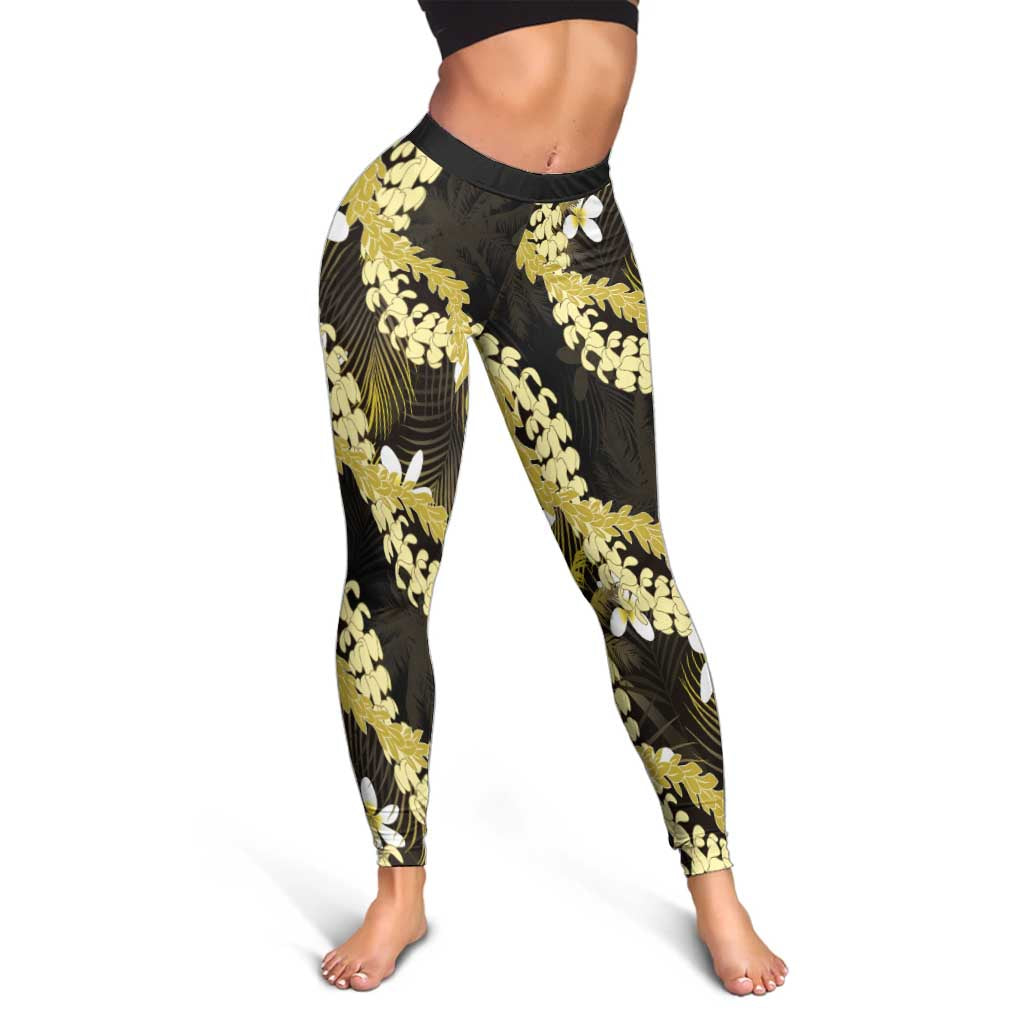 Puakenikeni Maile Lei Leggings Frangipani Yellow Tropical Leaves LT01 - Polynesian Pride