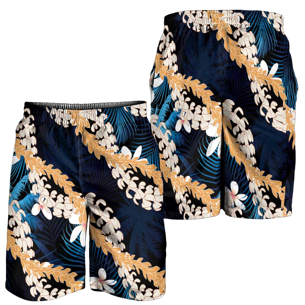 Puakenikeni Maile Lei Shorts for Men Frangipani Blue Tropical Leaves LT01 - Polynesian Pride