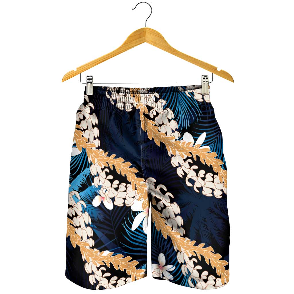 Puakenikeni Maile Lei Shorts for Men Frangipani Blue Tropical Leaves LT01 - Polynesian Pride