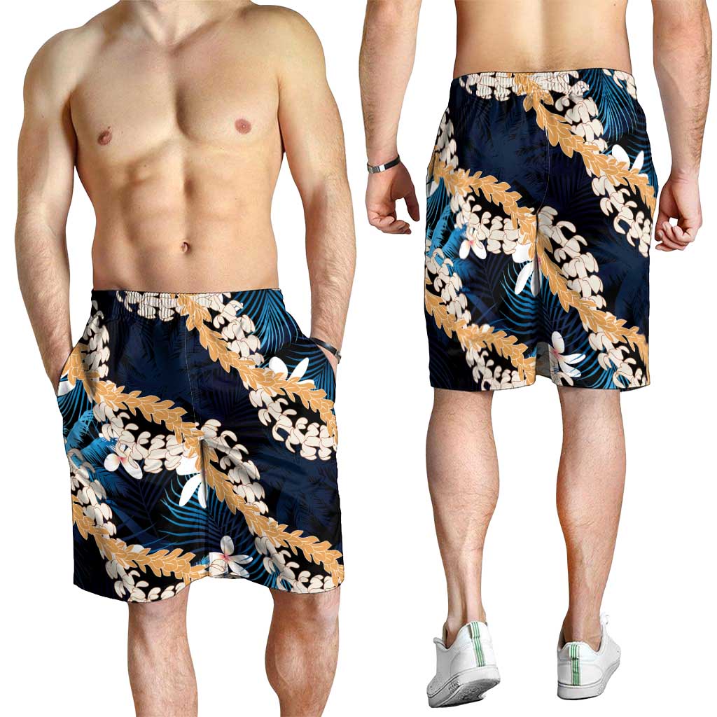 Puakenikeni Maile Lei Shorts for Men Frangipani Blue Tropical Leaves LT01 - Polynesian Pride