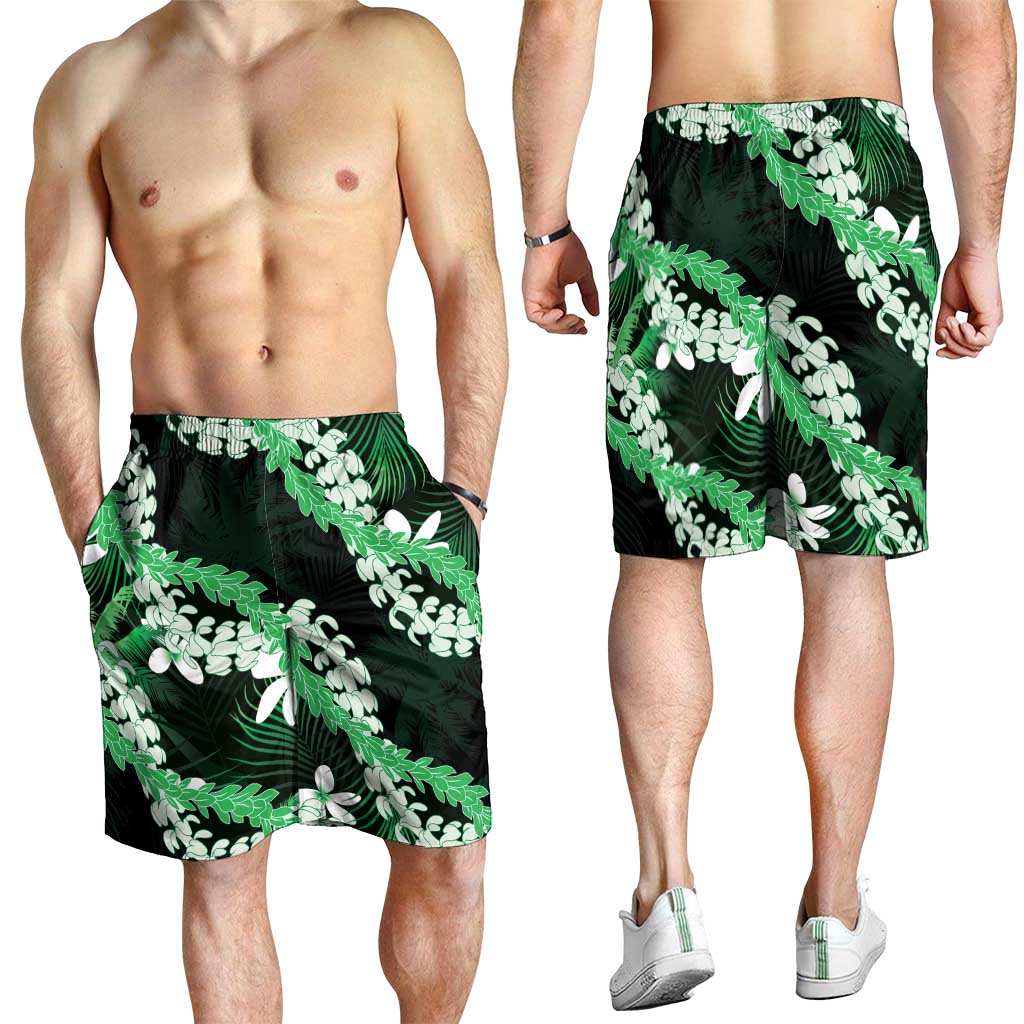 Puakenikeni Maile Lei Shorts for Men Frangipani Green Tropical Leaves LT01 - Polynesian Pride