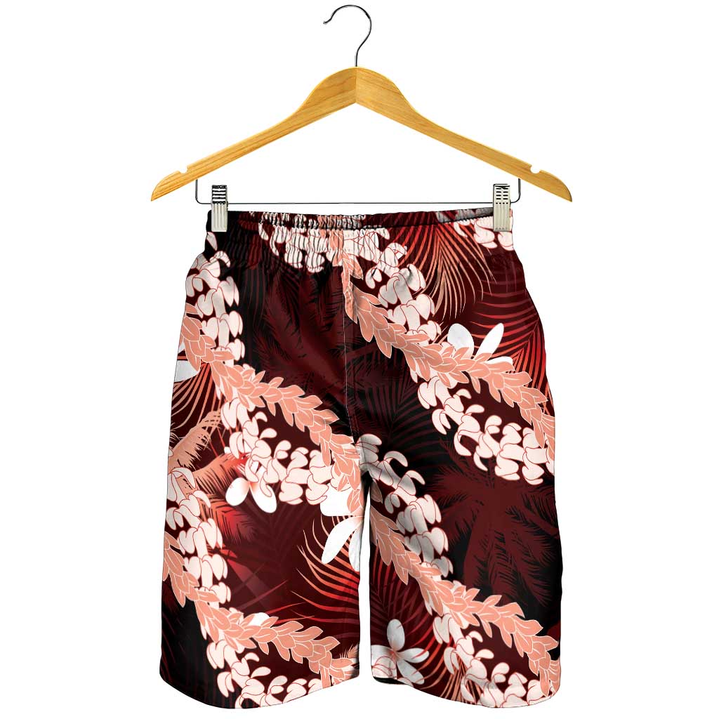 Puakenikeni Maile Lei Shorts for Men Frangipani Red Tropical Leaves LT01 - Polynesian Pride