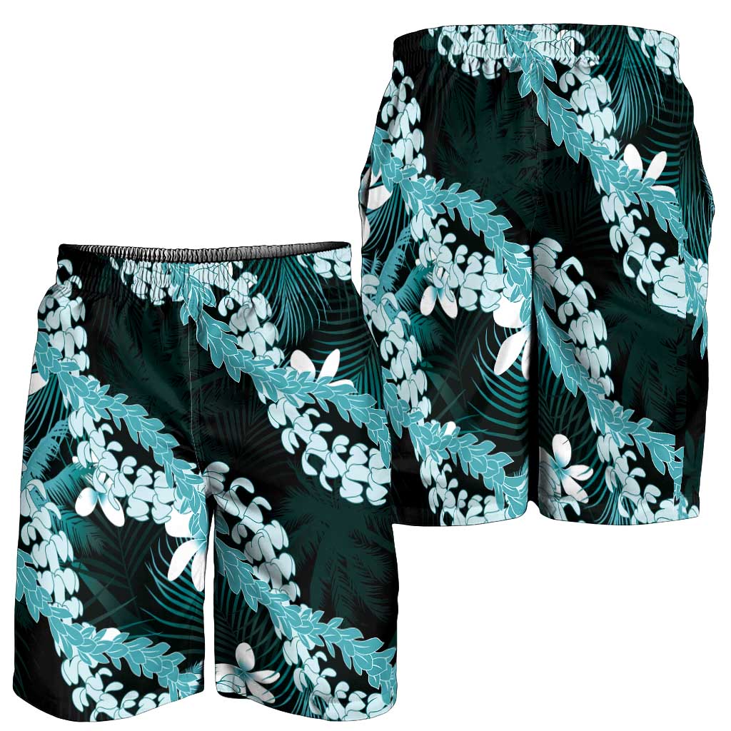 Puakenikeni Maile Lei Shorts for Men Frangipani Turquoise Tropical Leaves LT01 - Polynesian Pride