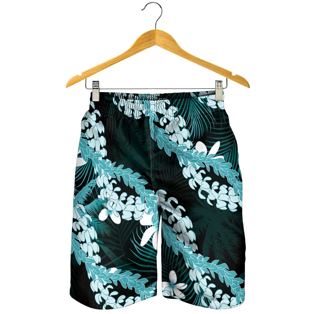 Puakenikeni Maile Lei Shorts for Men Frangipani Turquoise Tropical Leaves LT01 - Polynesian Pride
