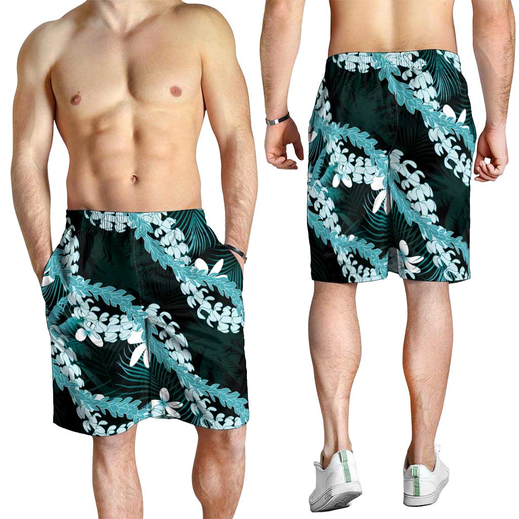 Puakenikeni Maile Lei Shorts for Men Frangipani Turquoise Tropical Leaves LT01 - Polynesian Pride
