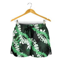 Puakenikeni Maile Lei Shorts for Women Frangipani Green Tropical Leaves