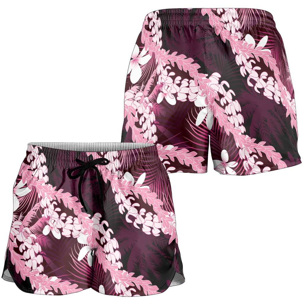 Puakenikeni Maile Lei Shorts for Women Frangipani Pink Tropical Leaves LT01 - Polynesian Pride
