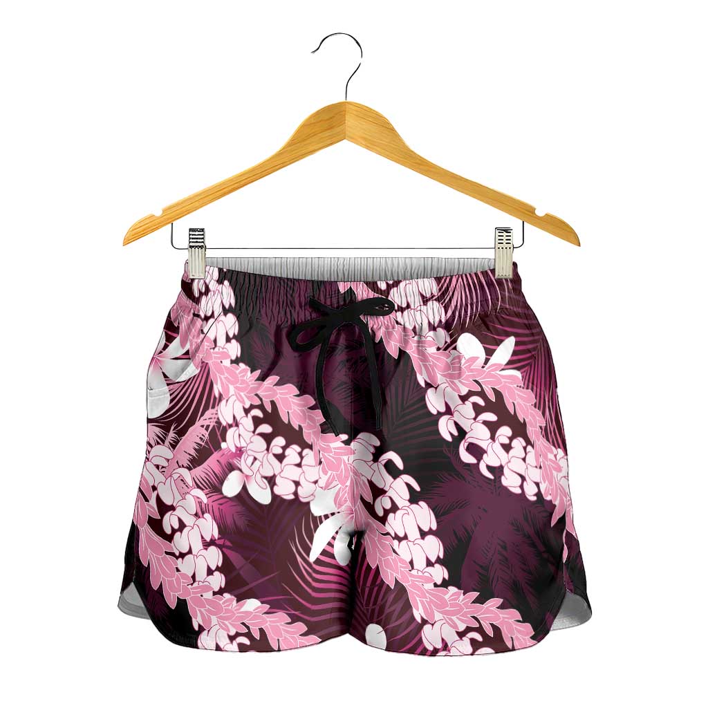 Puakenikeni Maile Lei Shorts for Women Frangipani Pink Tropical Leaves LT01 - Polynesian Pride