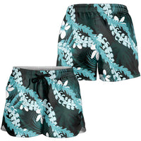 Puakenikeni Maile Lei Shorts for Women Frangipani Turquoise Tropical Leaves LT01 - Polynesian Pride