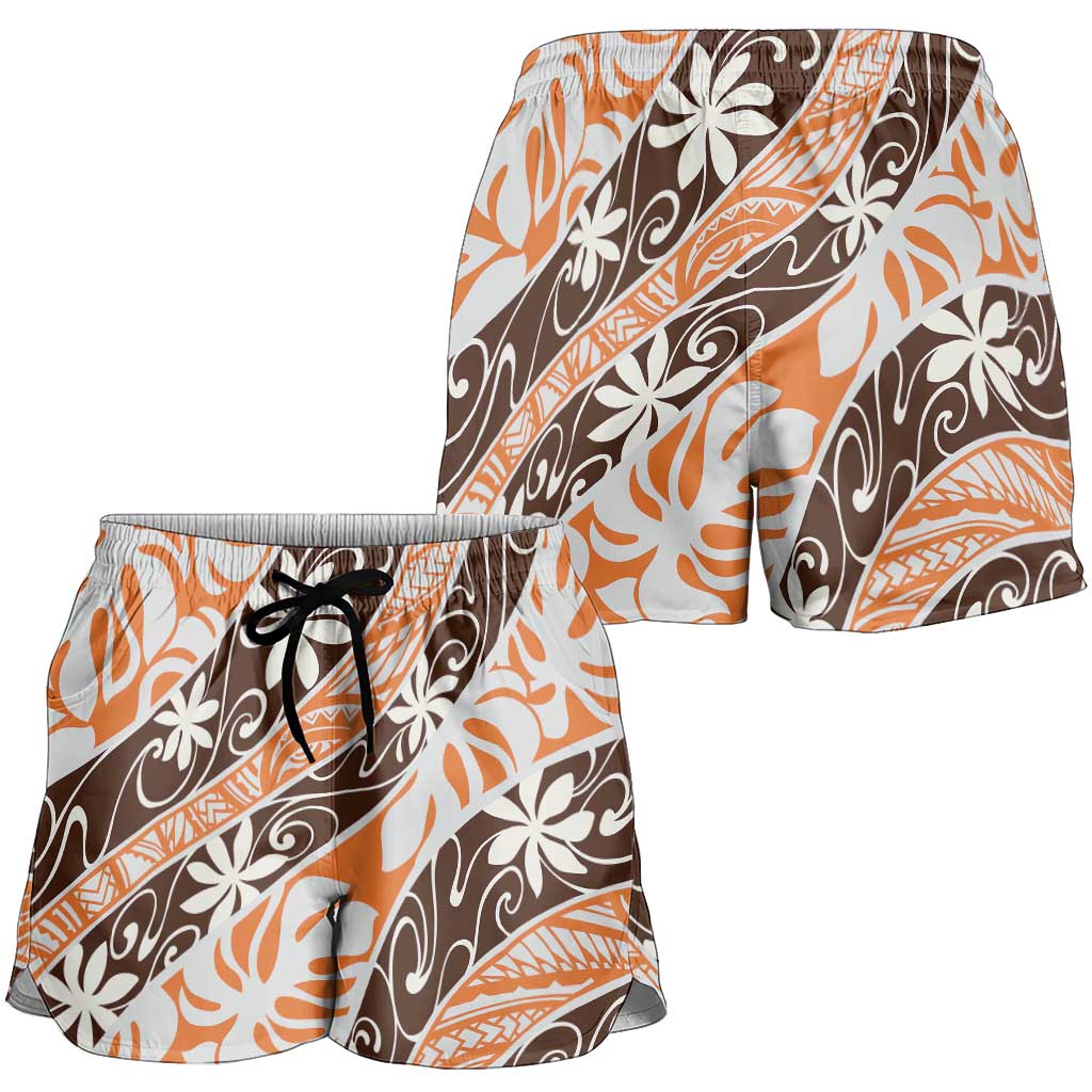 Puatou Tahiti Tiare Monstera Shorts for Women Polynesian Pattern Curve Style - Polynesian Pride