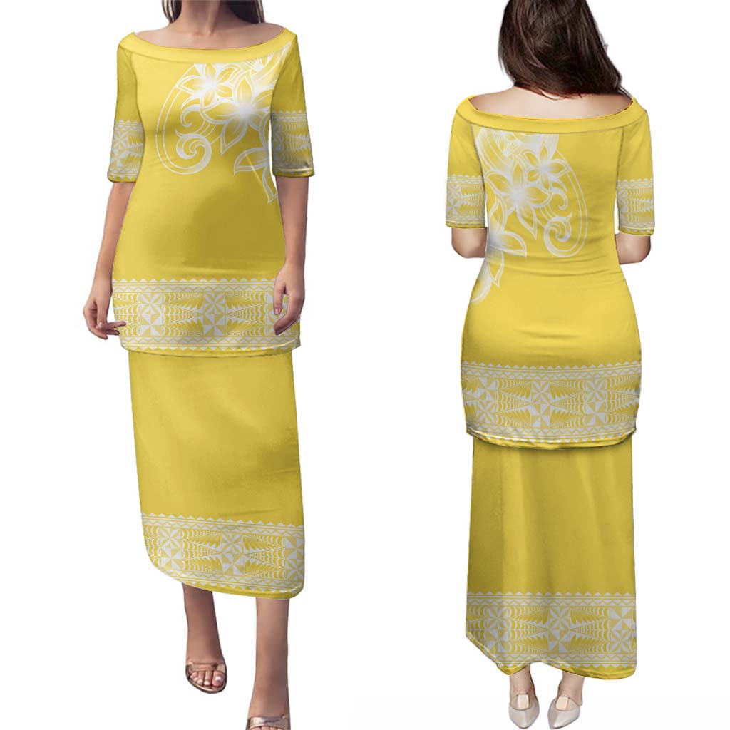 Tonga Puletasi Plumeria Yellow Ngatu LT7 Long Dress Yellow - Polynesian Pride