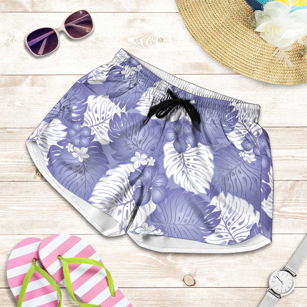 Purple Aloha Hawaii Shorts for Women Monstera Hibiscus Plumeria Seamless Vibes - Polynesian Pride