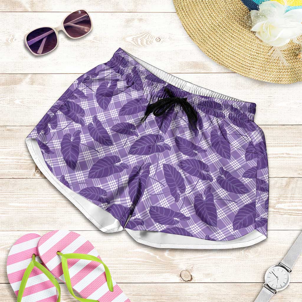 Purple Hawaii Kalo Palaka Motifs Shorts for Women Hawaiian Taro Leaves Elegant Vibes