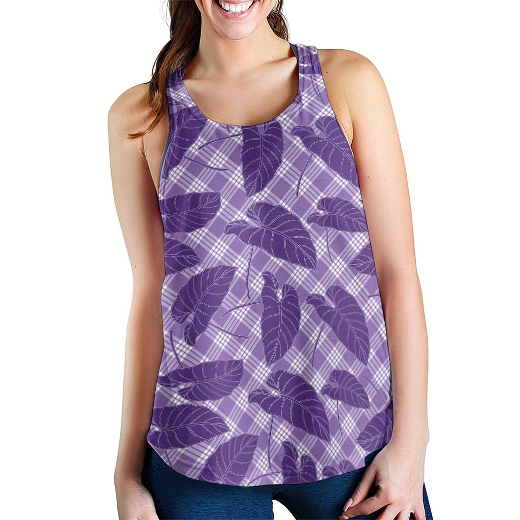 Purple Hawaii Kalo Palaka Motifs Women Racerback Tank Hawaiian Taro Leaves Elegant Vibes