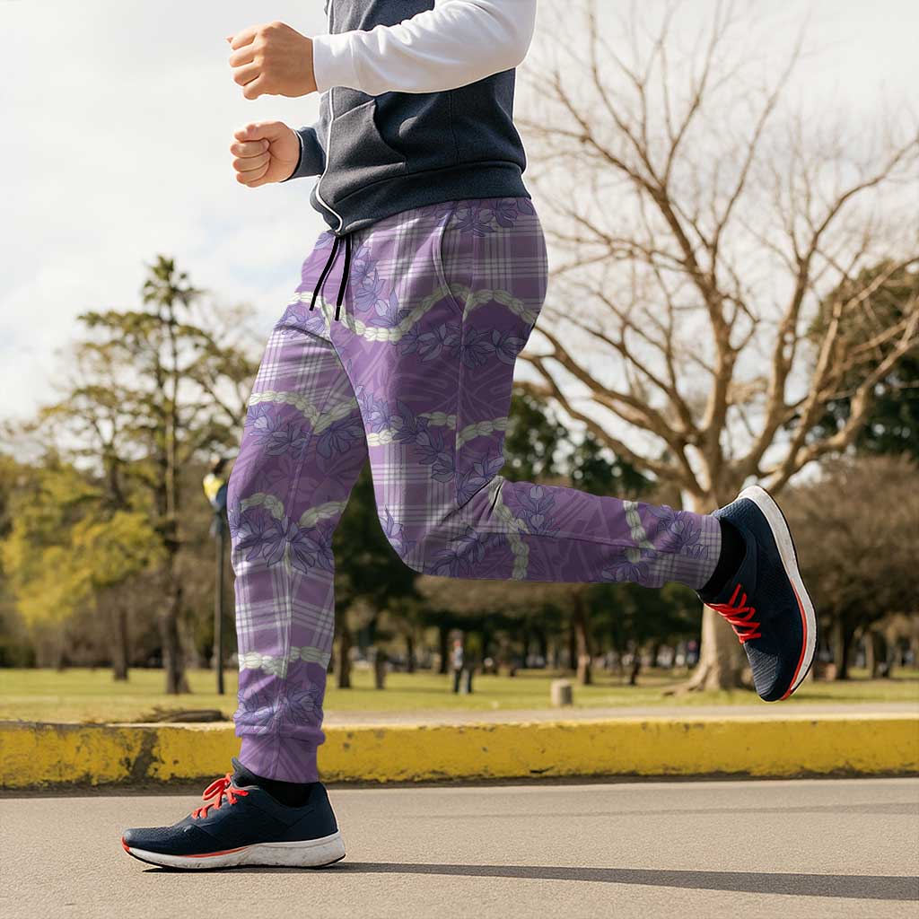 Purple Hawaii Palaka Honohono Pikake Jogger Pants Hawaiian Orchid Lei Polynesian Pattern LT14 - Polynesian Pride