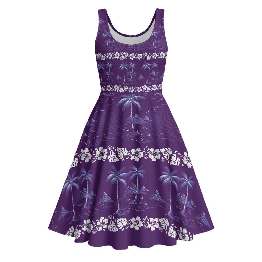 Purple Hawaii Palm Tree Hibiscus Midi Dress Fantasy Summer Vibe