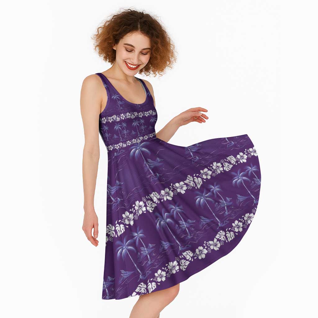 Purple Hawaii Palm Tree Hibiscus Midi Dress Fantasy Summer Vibe