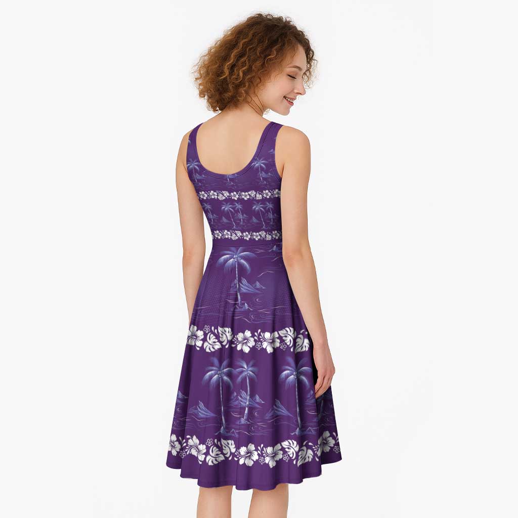 Purple Hawaii Palm Tree Hibiscus Midi Dress Fantasy Summer Vibe