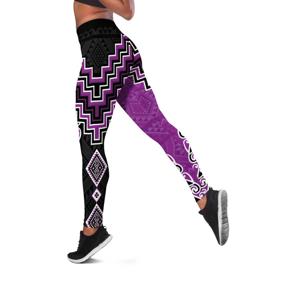 Purple Niho Taniwha Mix Poutama Leggings Unique Taniko Aotearoa LT01 Purple - Polynesian Pride