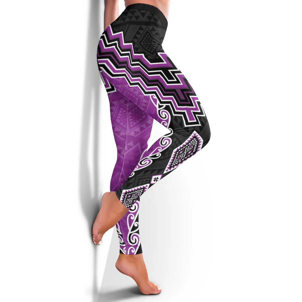 Purple Niho Taniwha Mix Poutama Leggings Unique Taniko Aotearoa LT01 - Polynesian Pride
